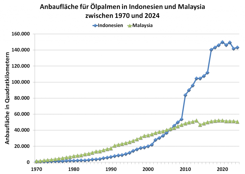 Grafik: Anbaufläche für Ölpalmen in Indonesien und Malaysia von 1970 bis 2024
