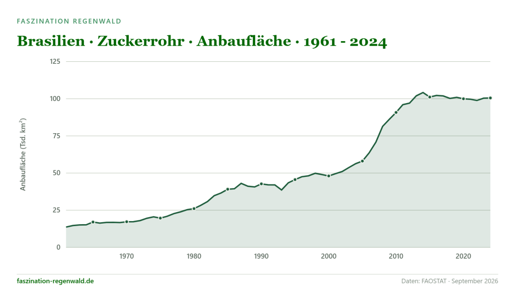 Liniendiagramm der Zuckerrohr-Anbaufläche in Brasilien von 1961–2024 – Zuckerrohr als Treiber der Regenwaldzerstörung.