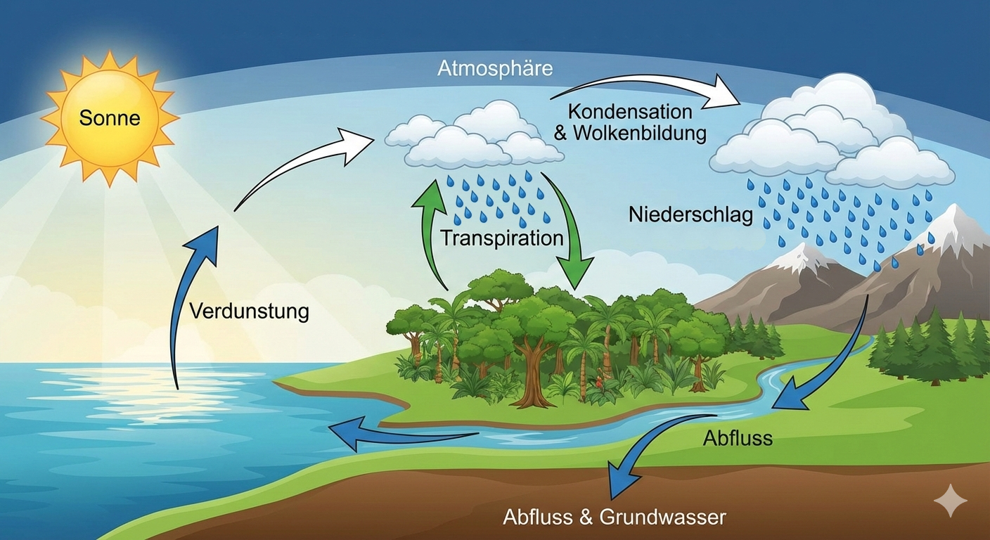 Illustration: der kleine und große Wasserkreislauf im tropischen Regenwald